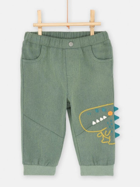 Green Herringbone Cotton Trousers With Dinosaur Applique