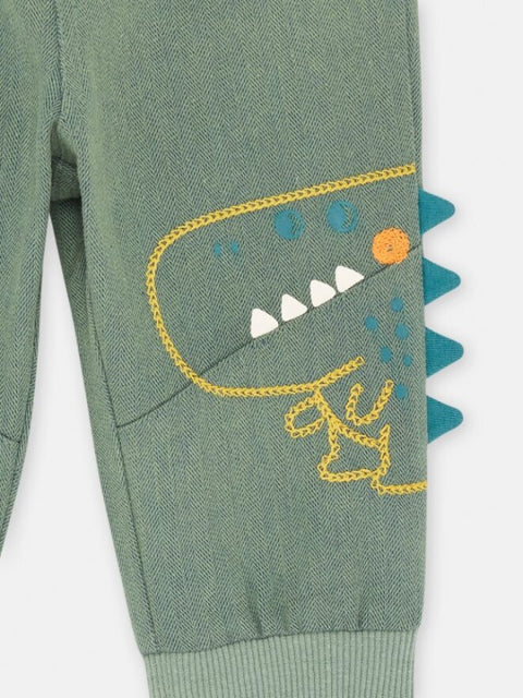 Green Herringbone Cotton Trousers With Dinosaur Applique