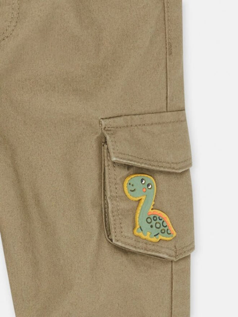 Green Cotton Cargo Trousers with Dinosaur Badge