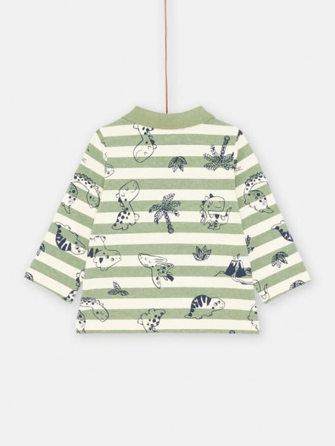Green & Cream Stripe Cotton Polo Shirt with Dinosaur Print