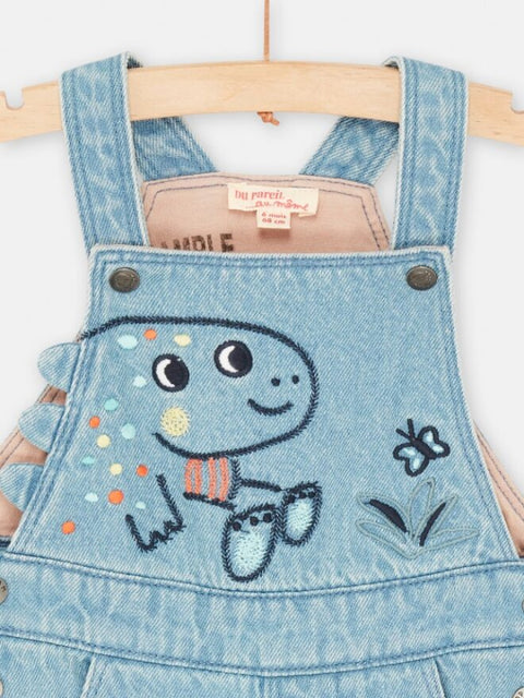 Blue Denim Lined Dungarees with Dinosaur Applique