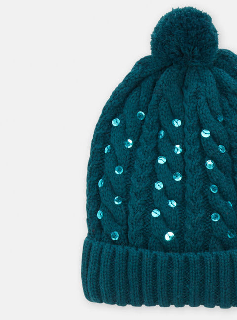 Sequinned Teal Green Fancy Knit Hat With Bobble