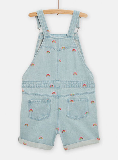Rainbow Embroidered Pale Denim Dungaree Shorts