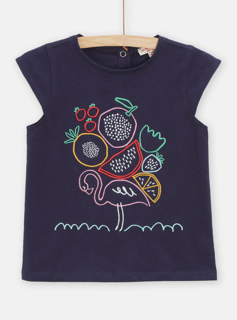 Navy Embroidered Sleeveless Cotton T-shirt