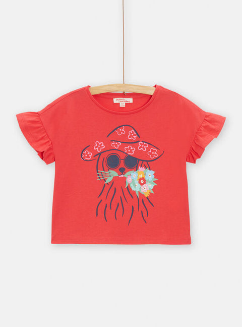 Red Dog Print Short Sleeve Cropped Cotton T-shirt