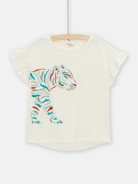 Cream Sequinned Tiger Print Cotton T-shirt