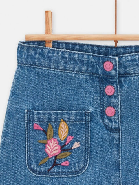 Floral Embroidered Denim A Line Skirt