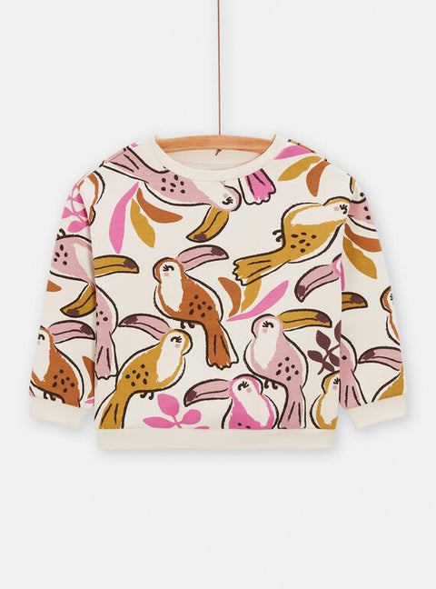 Cream Exotic Bird Print Cotton Fleece Sweatshirt