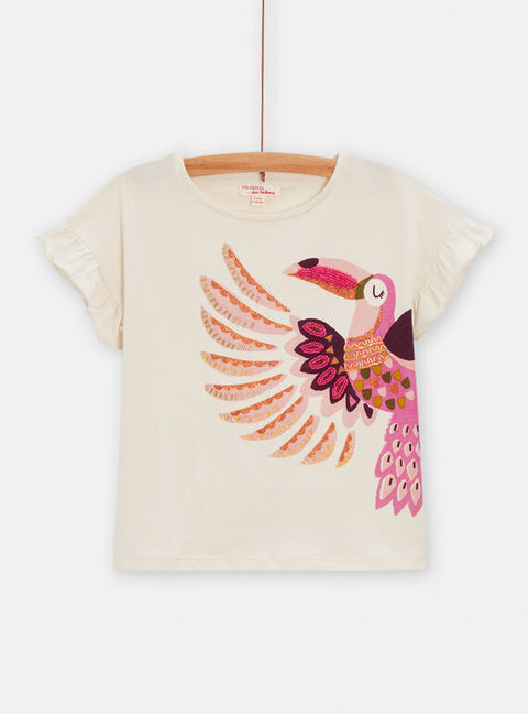 Cream Beaded Exotic Bird Print Cotton T-shirt