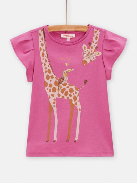 Pink Giraffe Print Cotton T-shirt