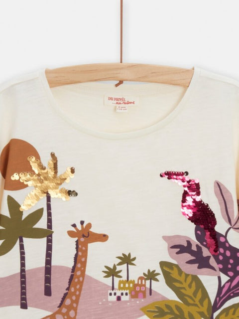 Cream Sequined Animal Print Cotton T-shirt
