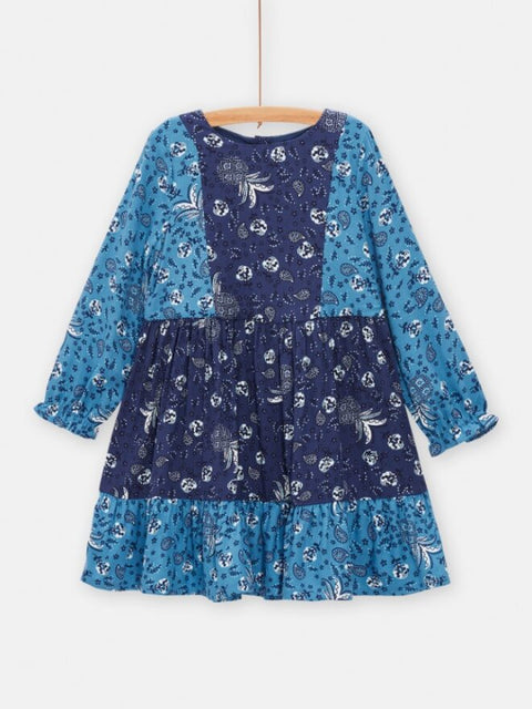 Lined Blue Pineapple Print Patchwork Dress