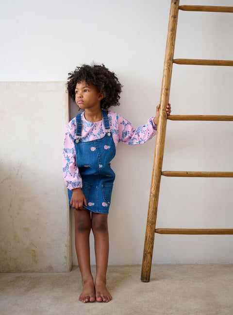 Denim Dungaree Dress With Pineapple Embroidery