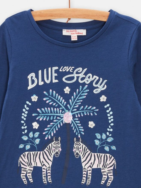 Blue Zebra Print Cotton T-shirt