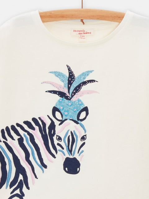 Cream Beaded Zebra Print Cotton T-shirt