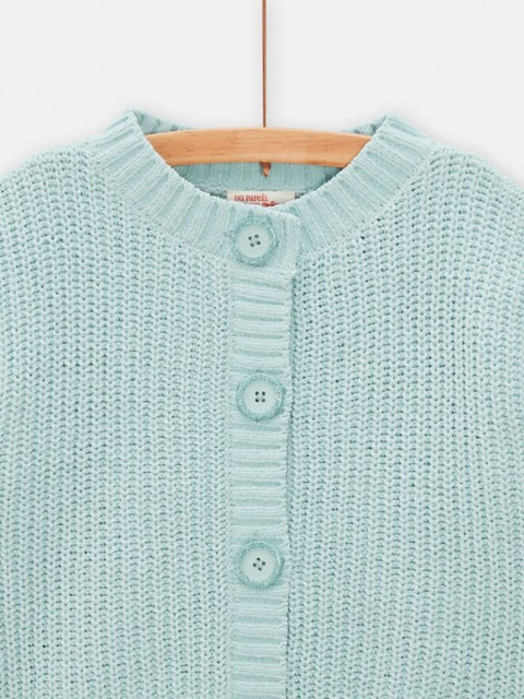 Turquoise Chenille Cardigan With Oversized Buttons