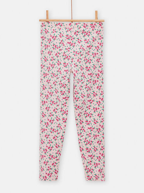 Cream Floral Print Cotton Joggers With Glitter Side Panel