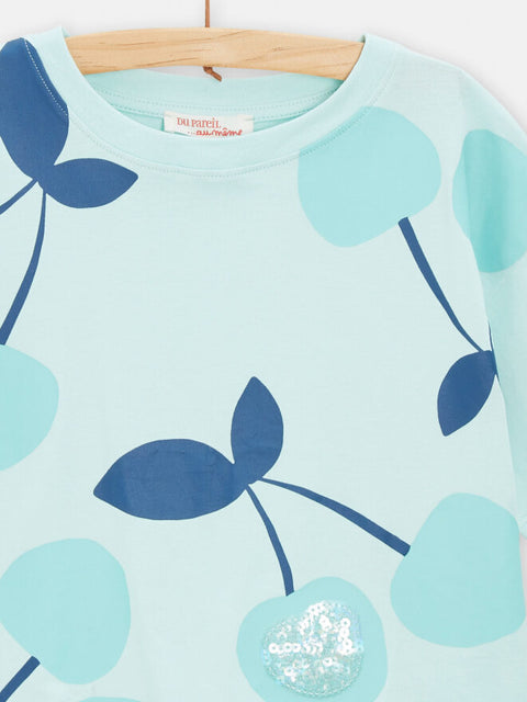 Turquoise Cherry Print Short Sleeve Cotton T-shirt With Sequins