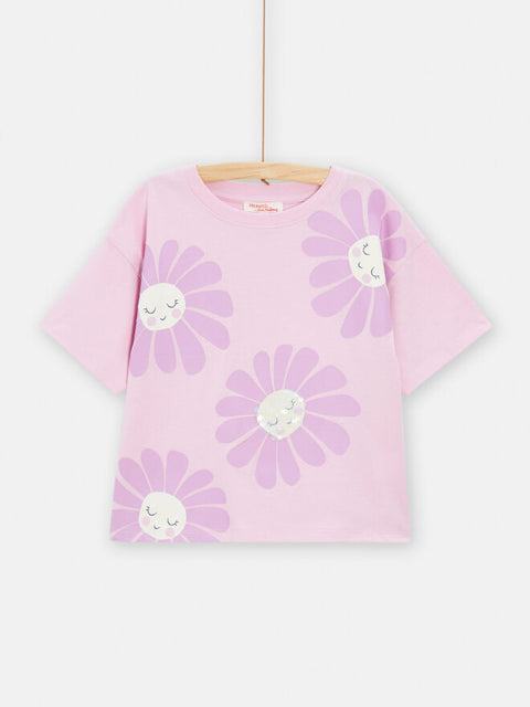 Purple Daisy Print Short Sleeve Cotton T-shirt With Sequins