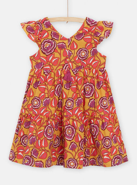 Lined Yellow Floral Print Cotton Dress