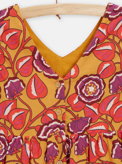 Lined Yellow Floral Print Cotton Dress
