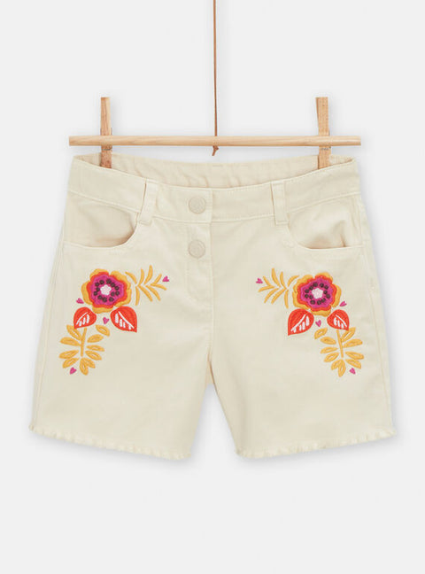 Cream Cotton Twill Shorts With Floral Embroidery