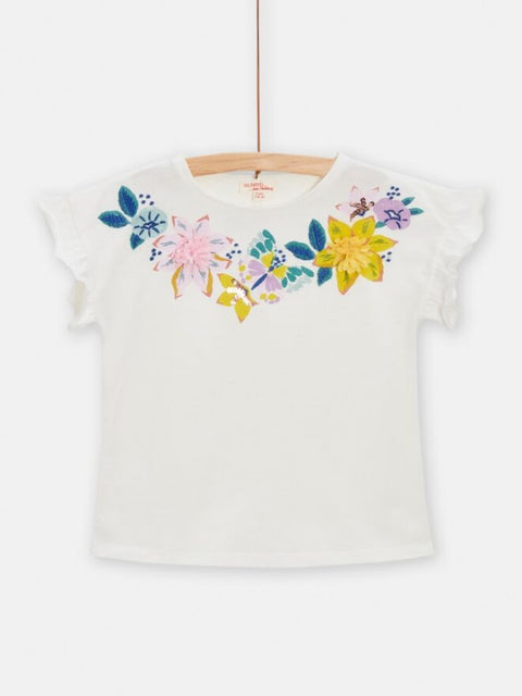 Cream Floral Print Short Sleeve Cotton T-shirt