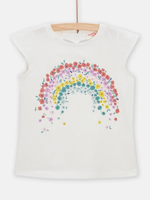 Cream Floral Rainbow Print Cotton T-shirt