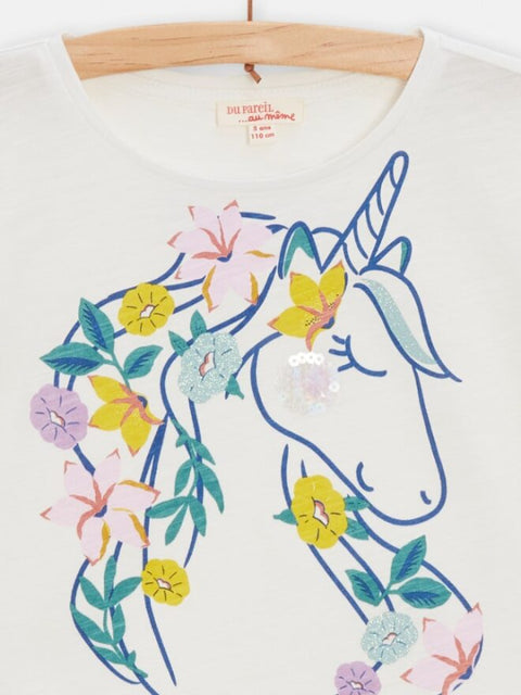 Cropped Cream Unicorn Print Cotton T-shirt