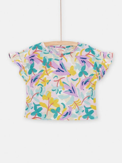 Cropped Short Sleeve Floral Print Cotton T-shirt