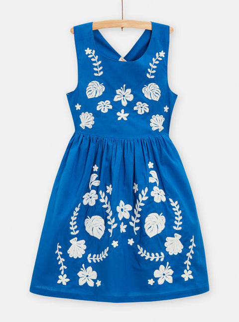 Lined Blue Cotton Dress With White Floral Embroidery