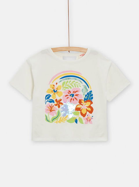Cream Floral Print Short Sleeve Cropped Cotton T-shirt
