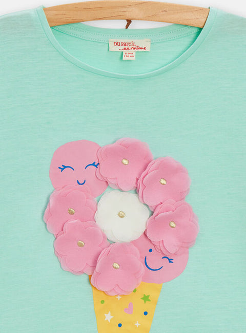 Turquoise Short Sleeve Cotton T-shirt With Ice Cream Cone Applique