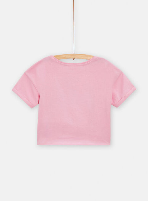 Pink Short Sleeve Cropped Cotton T-shirt With Unicorn Applique