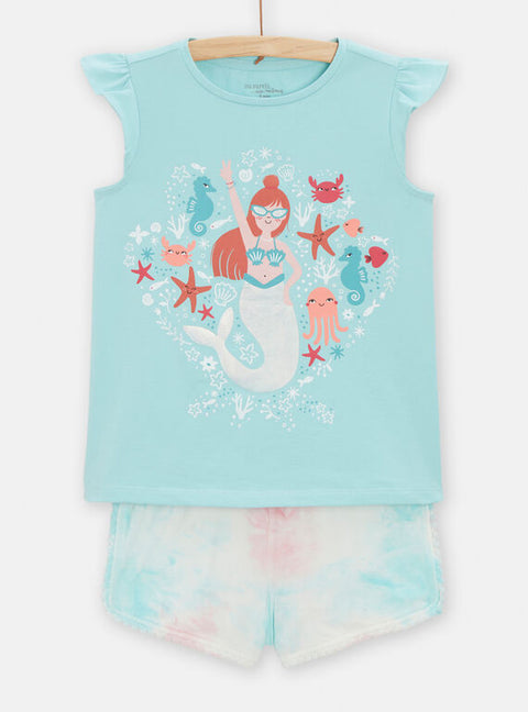 Turquoise Mermaid Print Short Cotton Pyjamas
