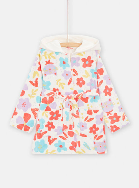 Cream Floral Print Hooded Cotton Dressing Gown