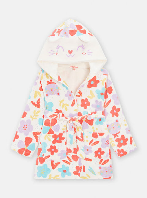Cream Floral Print Hooded Cotton Dressing Gown