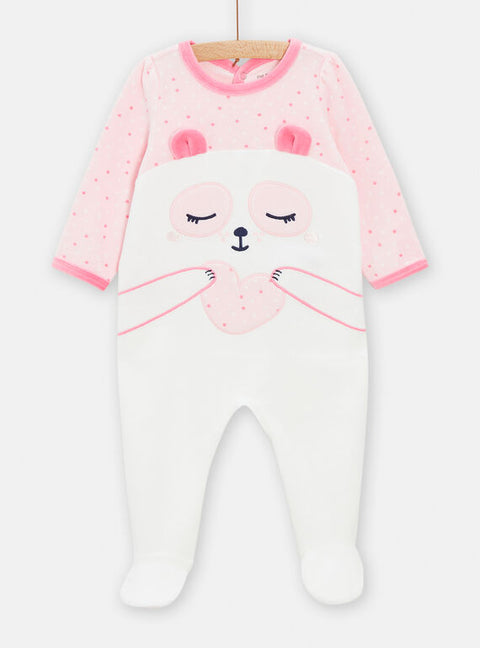 Pink Velour Sleepsuit With Panda Applique