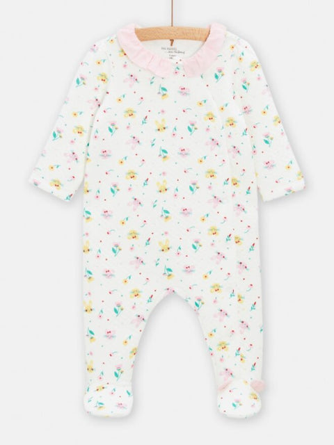 Cream Floral Print Cotton Rich Sleepsuit With Collar