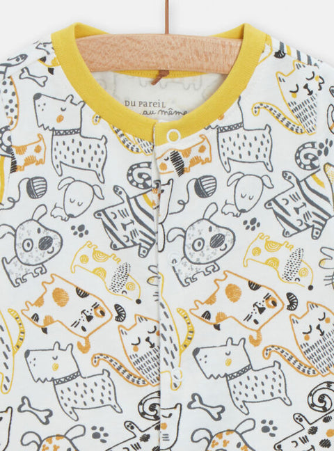 Cream Cat & Dog Print Cotton Summer Sleepsuit