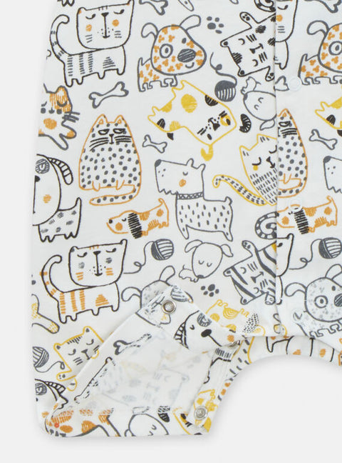 Cream Cat & Dog Print Cotton Summer Sleepsuit