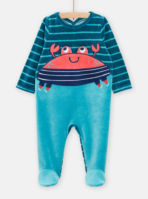 Turquoise Velour Sleepsuit With Crab Applique