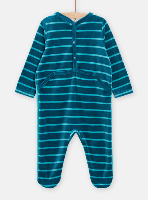 Turquoise Velour Sleepsuit With Crab Applique