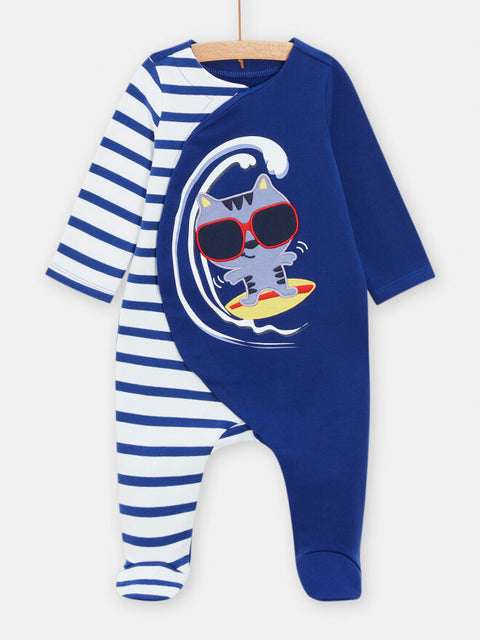 Blue Striped Cotton Fleece Sleepsuit With Surfing Cat Applique