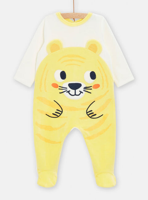 Cream & Yellow Velour Sleepsuit With Tiger Applique