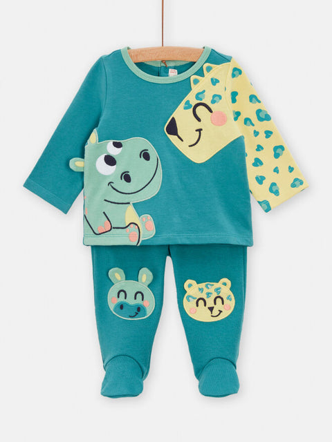 Green Cotton Pyjamas With Hippo & Lion Appliques