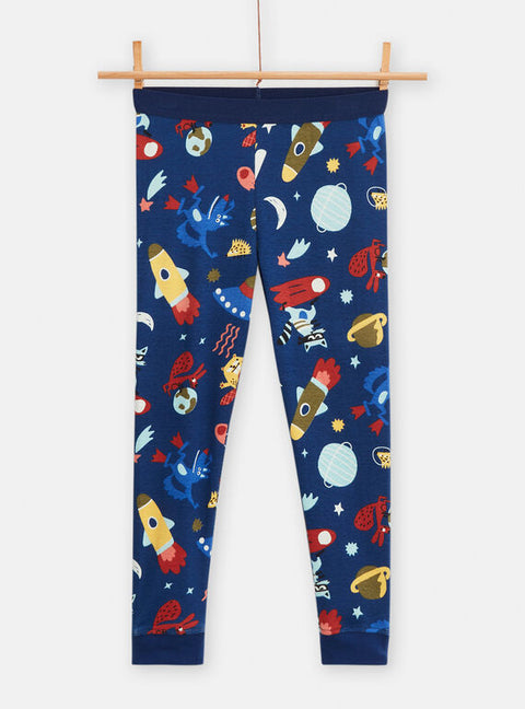 Navy Space Print Ribbed Cotton Pyjamas
