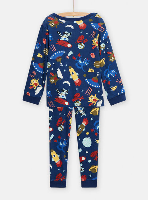 Navy Space Print Ribbed Cotton Pyjamas