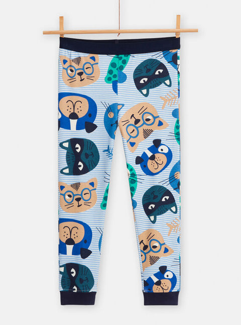 Blue Dog & Cat Print Cotton Pyjamas