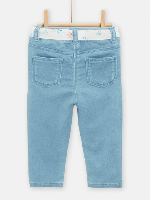 Light  Blue Denim Jeans With Floral Fabric Belt